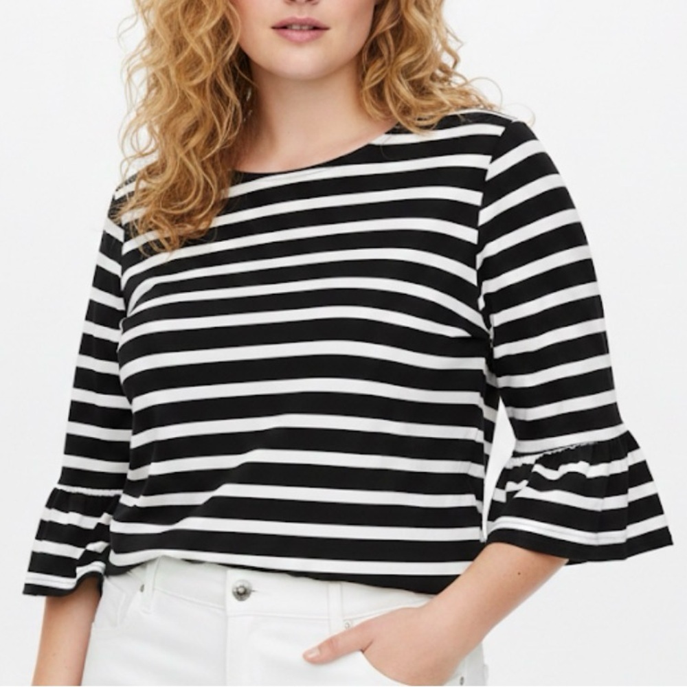 Talbots XL Black White Striped Pullover Top Flounce Bell Sleeve‎ Knit